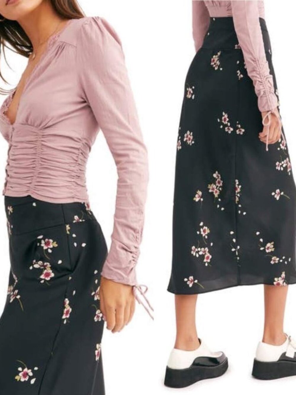 FREE PEOPLE Normani Floral-print Satin Midi Skirt 8 Black Festival Fairy Grunge